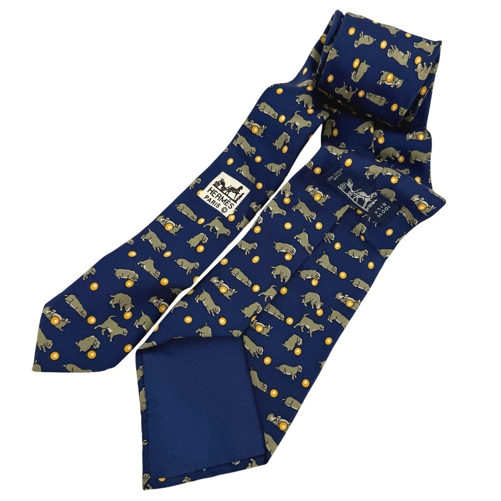 Hermes Paris Mens Silk Tie Navy Blue Puppy Dog Ball Novelty Print Made in France - Picture 2 of 5
